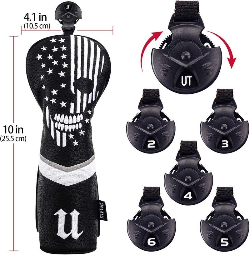 caiobob mytag Skull Skeleton Golf Head Covers Black Synthetic Leather Golf Headcovers Set Fits Driver Fairway Wood Hybrid/Utility Putter Iron Wedge Headcover - Image 1
